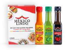 MEXICO LINDO pack frontal con tres botellas, variedad de sabores y picor