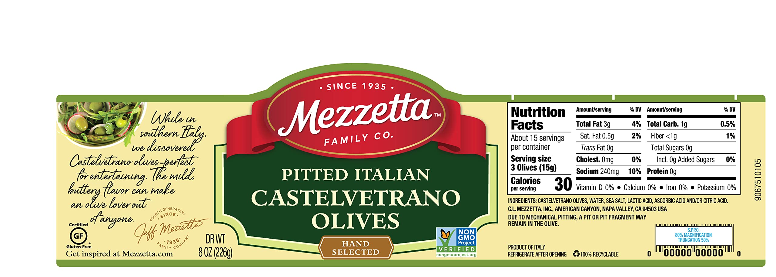 Mezzetta frasco junto a una mano para comparar tamaño y porción práctica