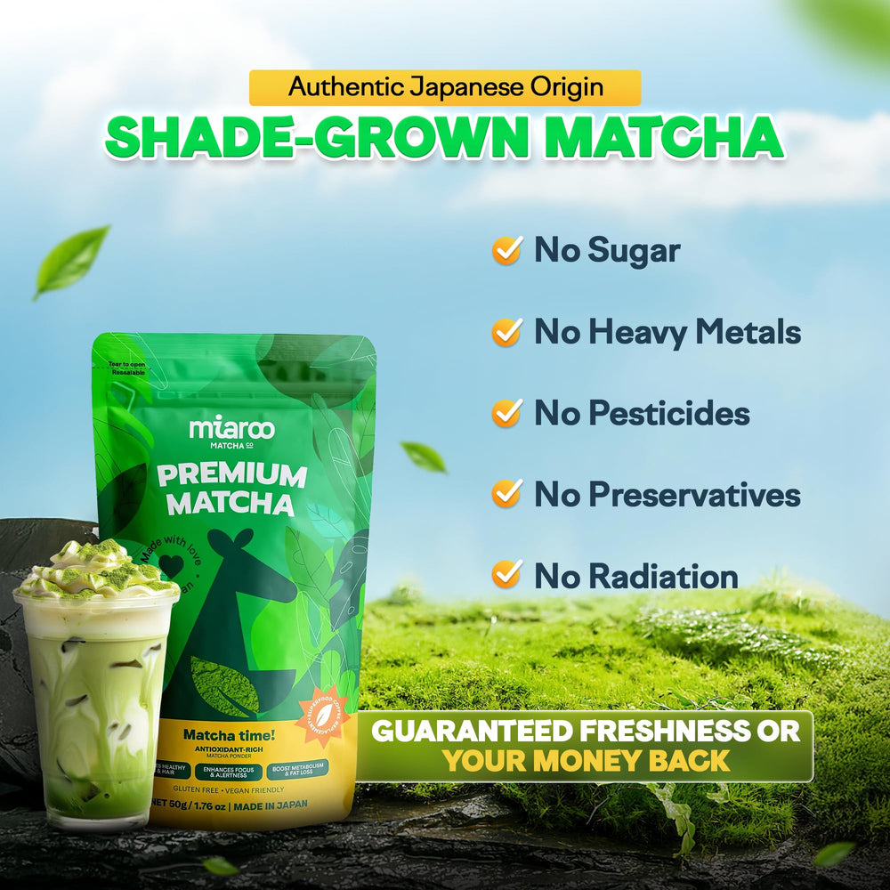 Miaroo polvo matcha textura fina y color verde vibrante, fácil disolución