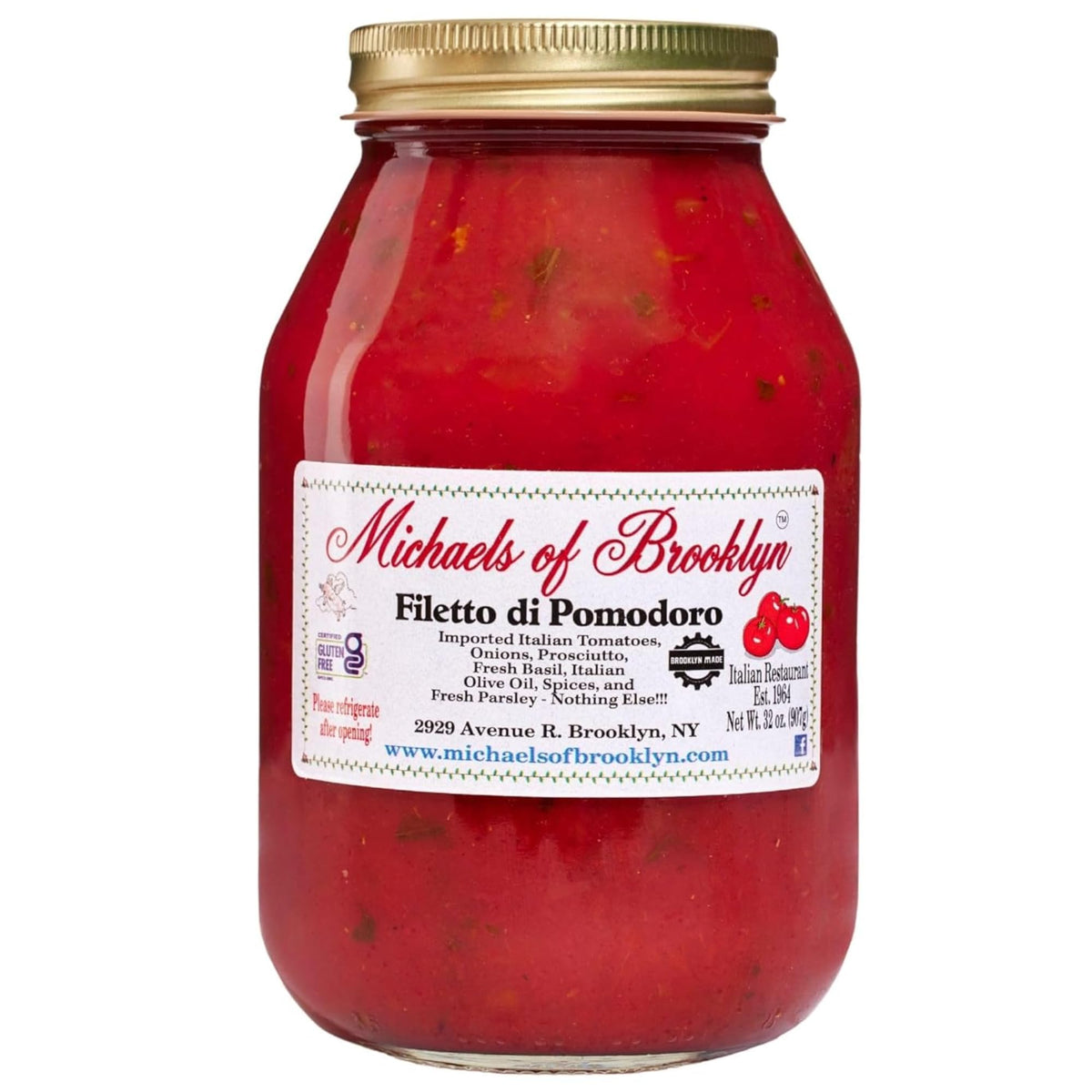 Michaels of Brooklyn frasco frontal 32 oz mostrando empaque y tradición
