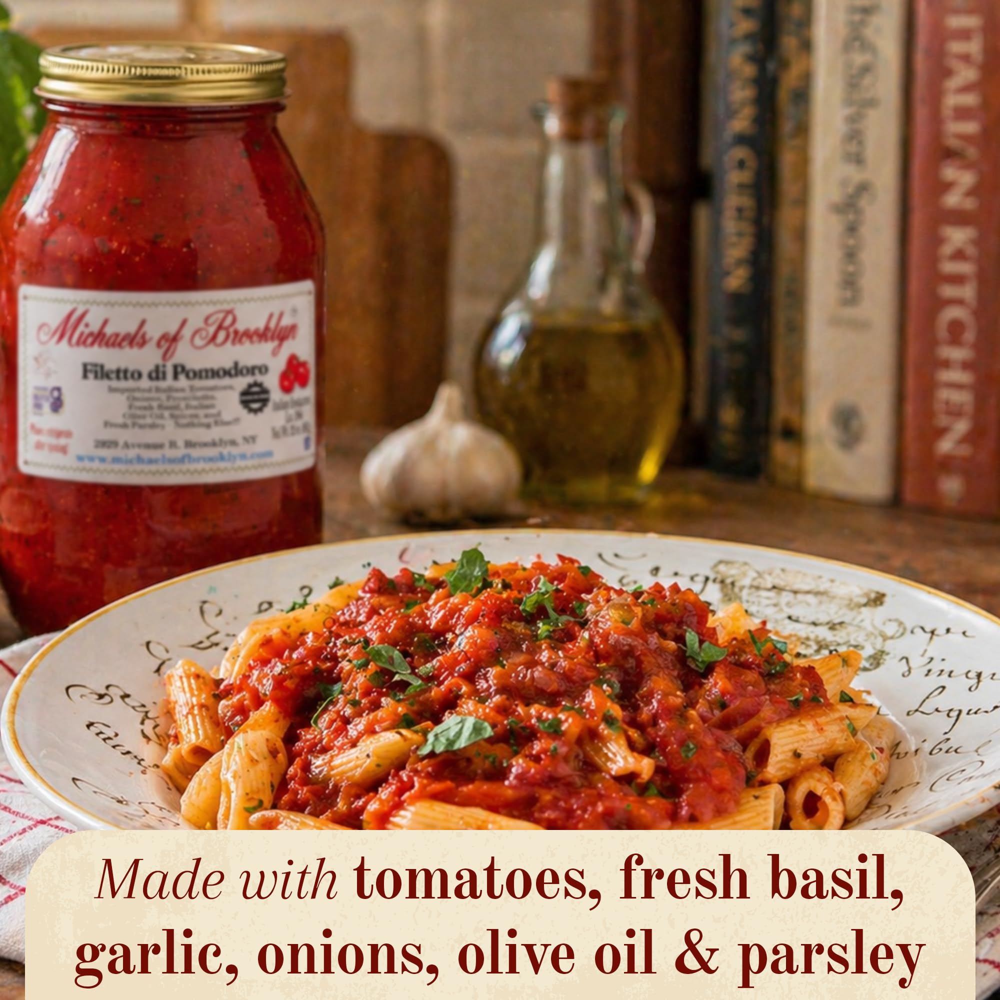 Michaels of Brooklyn salsa sobre rigatoni lista en minutos para servir