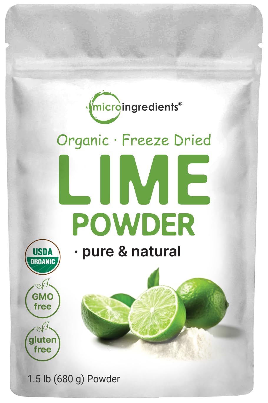 Micro Ingredients empaque frontal de polvo de lima con etiqueta clara y beneficio de sabor natural