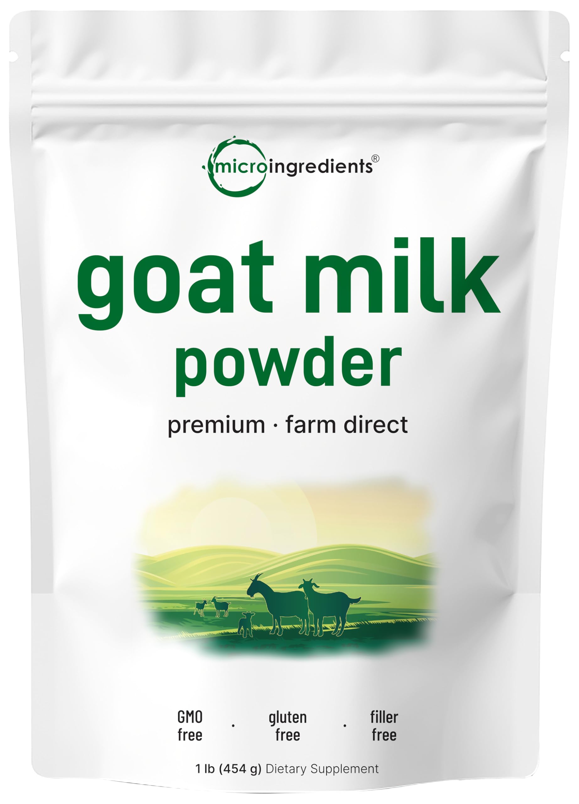 Micro Ingredients empaque frontal de leche de cabra en polvo mostrando pureza y origen