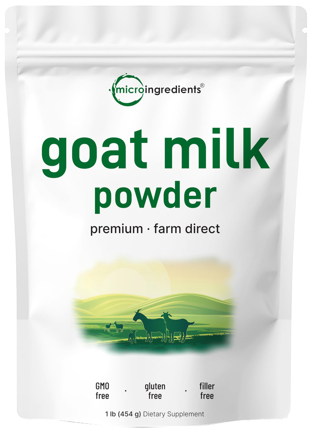 Micro Ingredients empaque frontal de leche de cabra en polvo mostrando pureza y origen