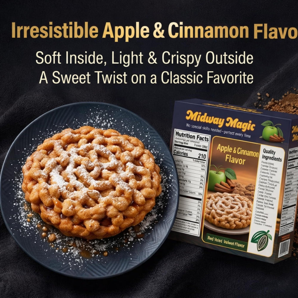 MIDWAY MAGIC funnel cake junto a mano para escala, indica porciones claras