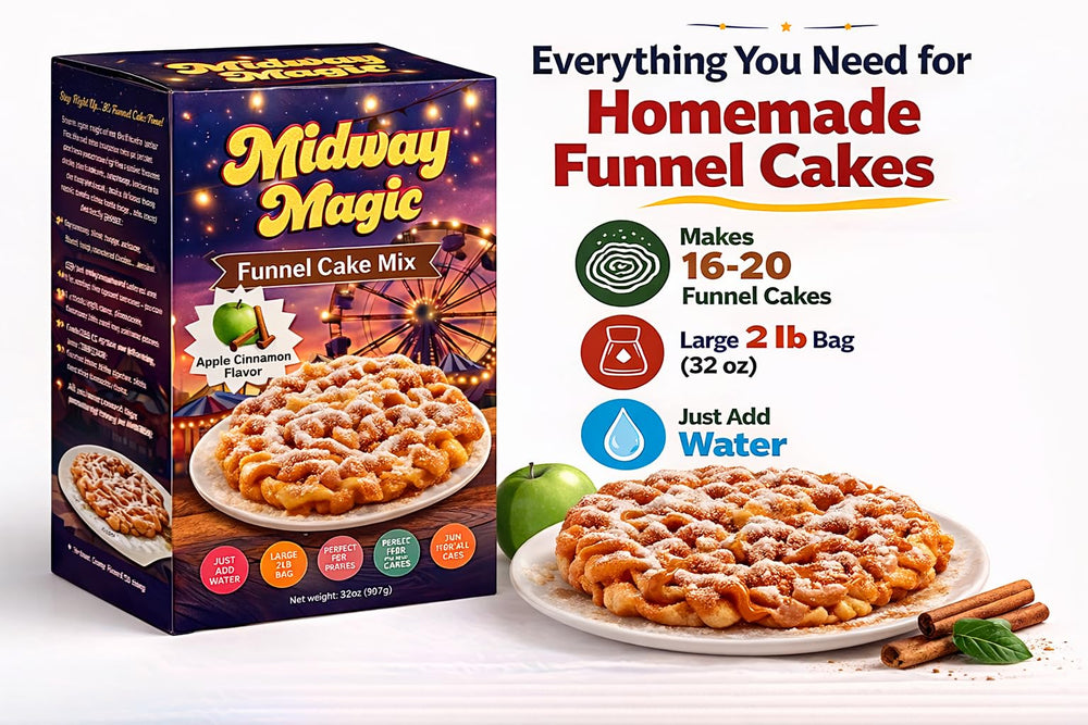 MIDWAY MAGIC funnel cake dorado servido, resalta crujiente y apetitoso