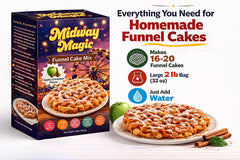 MIDWAY MAGIC funnel cake dorado servido, resalta crujiente y apetitoso