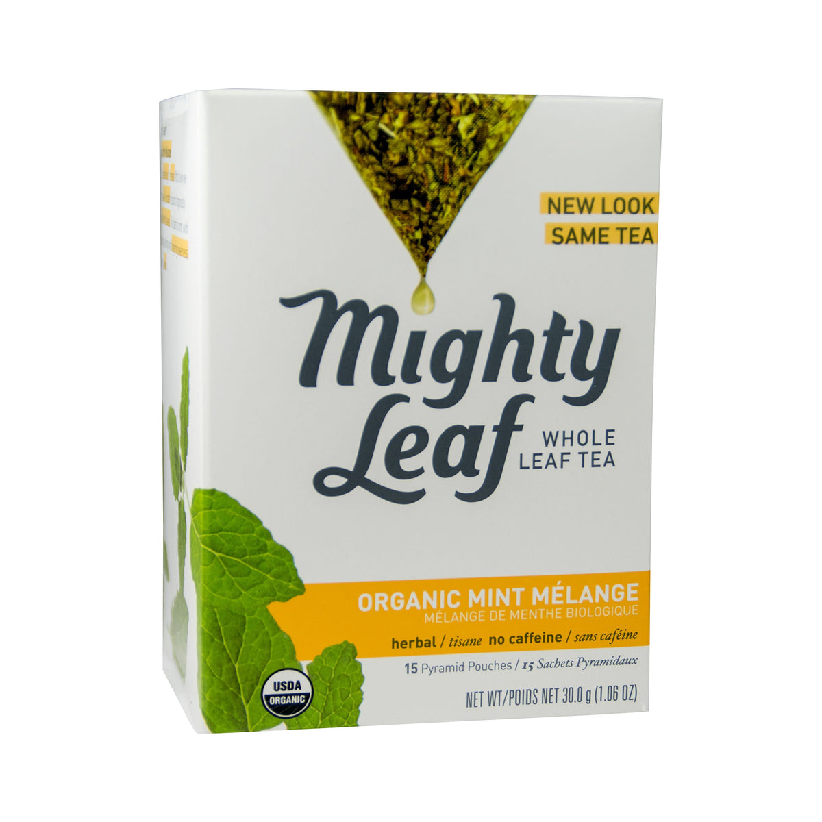 Mighty Leaf empaque frontal mostrando saquitos piramidales y beneficios orgánicos