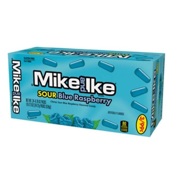 MIKE AND IKE frente de la caja mostrando 24 mini packs listos para compartir