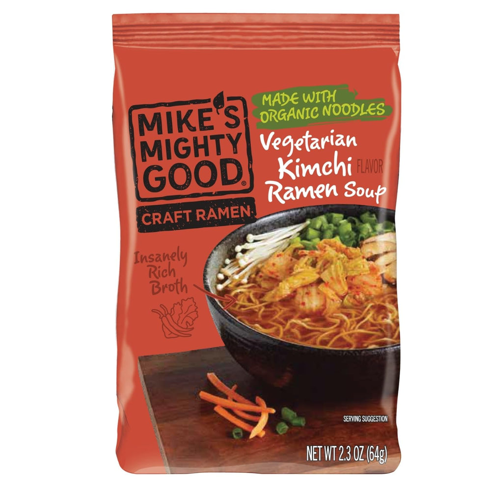 Mike's Mighty Good frente del paquete mostrando sabor kimchi y beneficios veganos