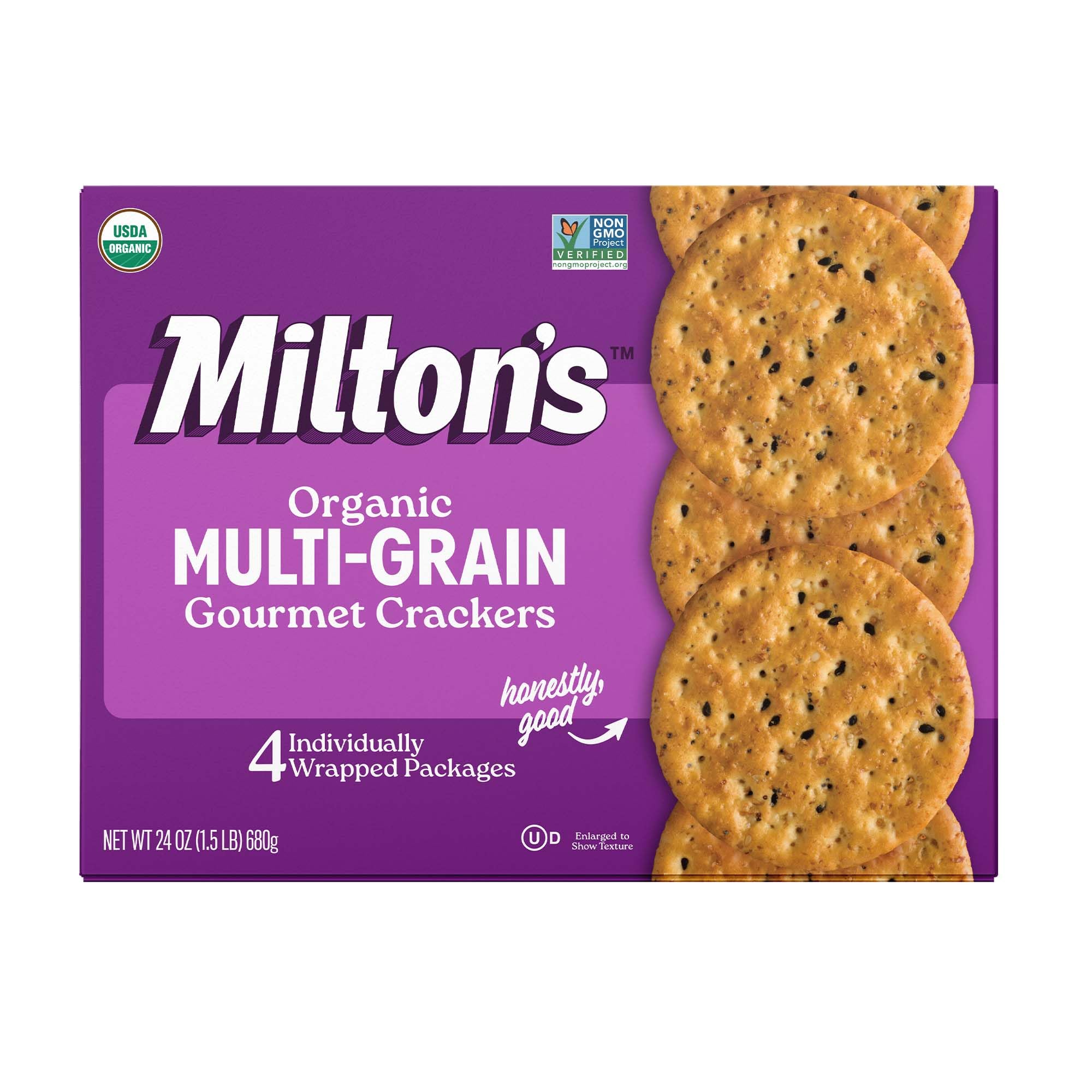 Milton's Craft Bakers Gluten Free vista frontal del paquete ofreciendo galletas crujientes