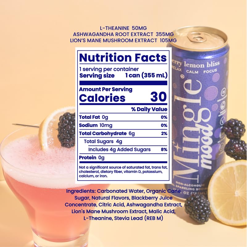 Mingle Mocktails etiqueta nutricional visible, información clara sobre calorías y ingredientes