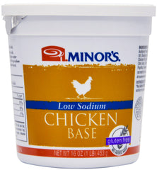 MINOR'S frasco de base de pollo bajo en sodio mostrando etiqueta y ventajas
