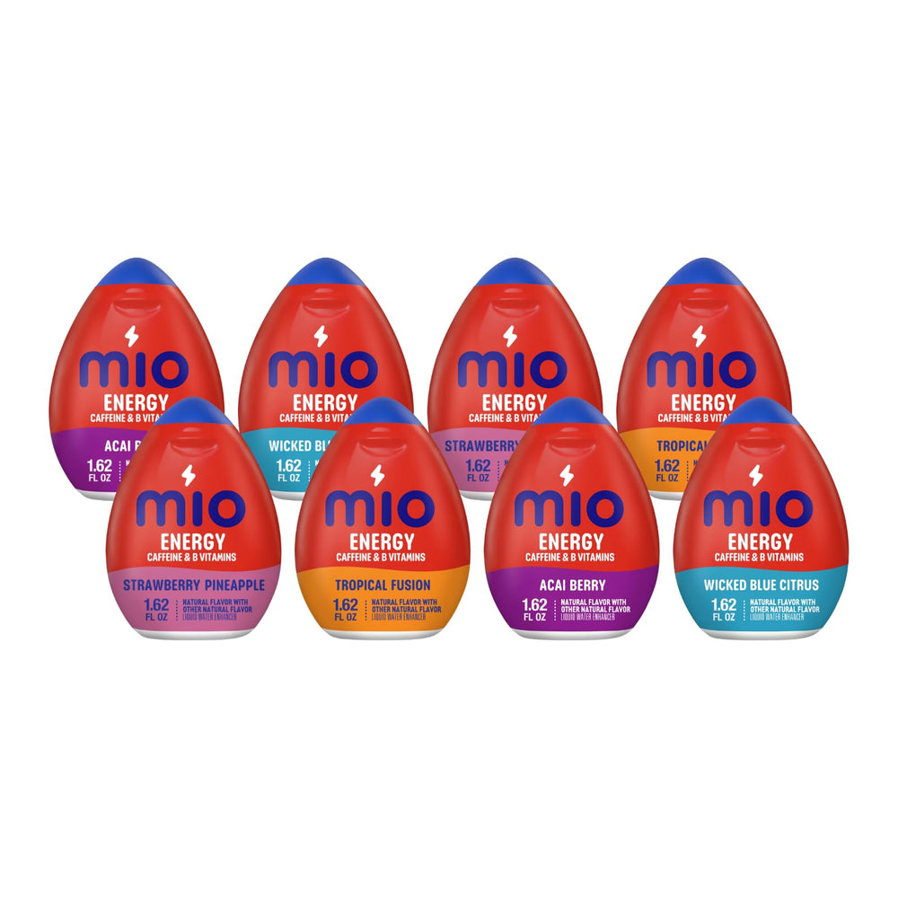 Mio vista frontal del pack variedad mostrando los ocho frascos para elegir sabor