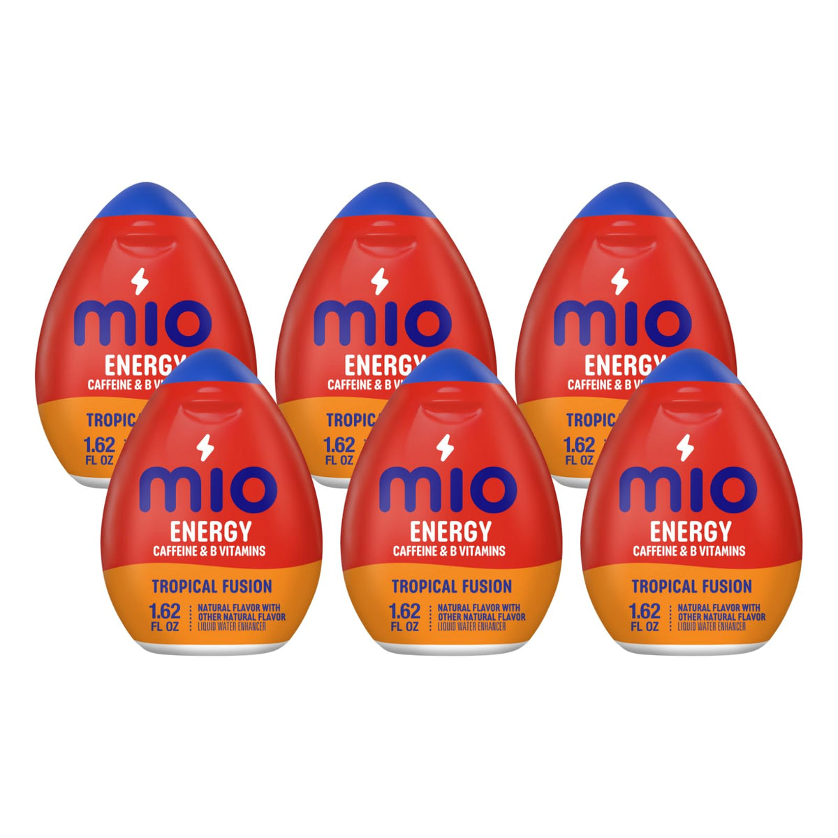 MiO botella frontal mostrando etiqueta tropical y tamaño portátil