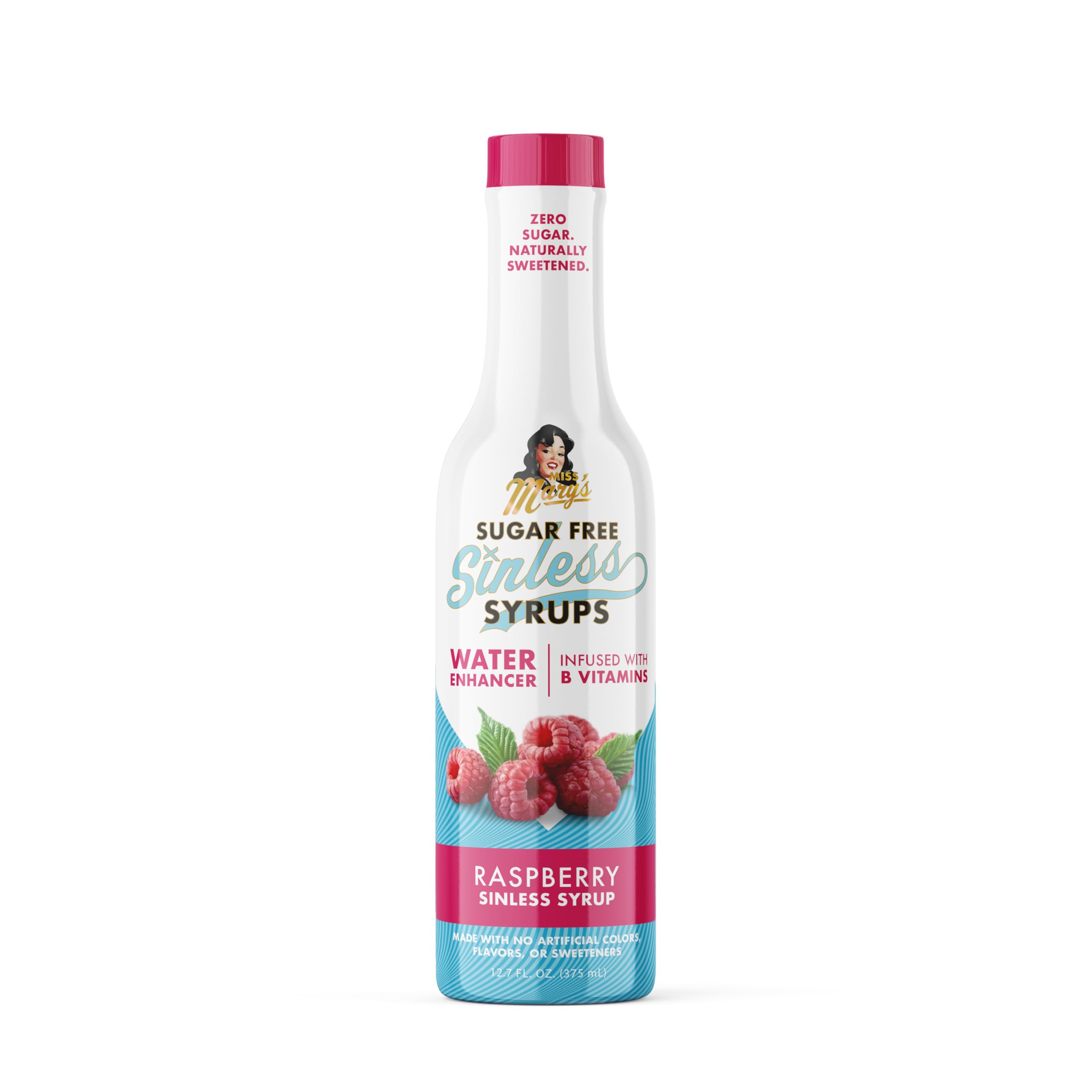 Miss Mary's botella frontál con sabor frambuesa mostrando envase claro y atractivo