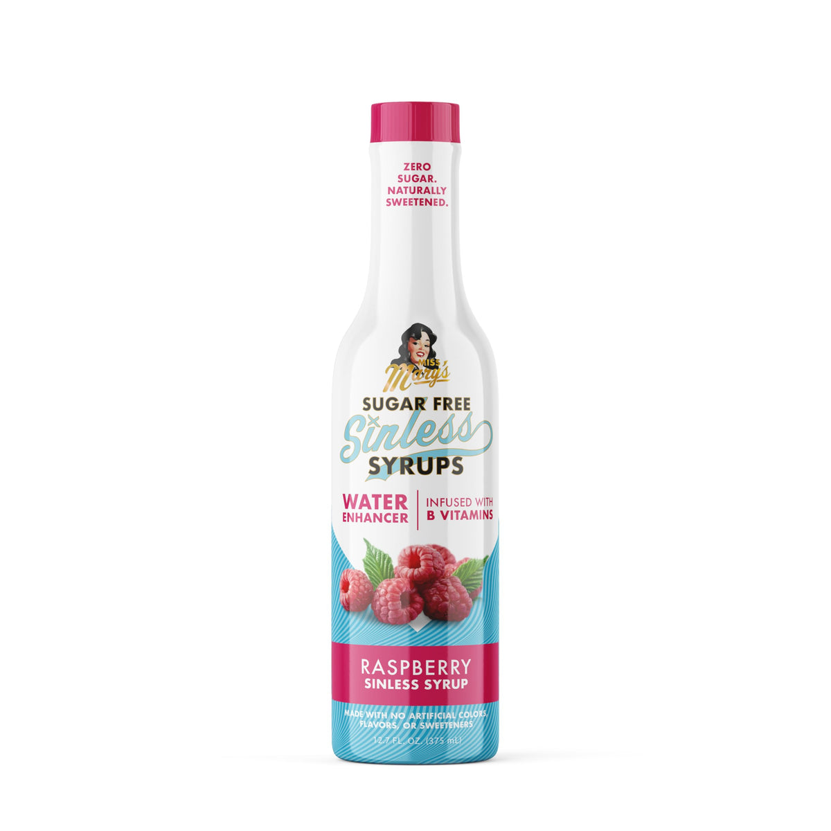 Miss Mary's botella frontál con sabor frambuesa mostrando envase claro y atractivo