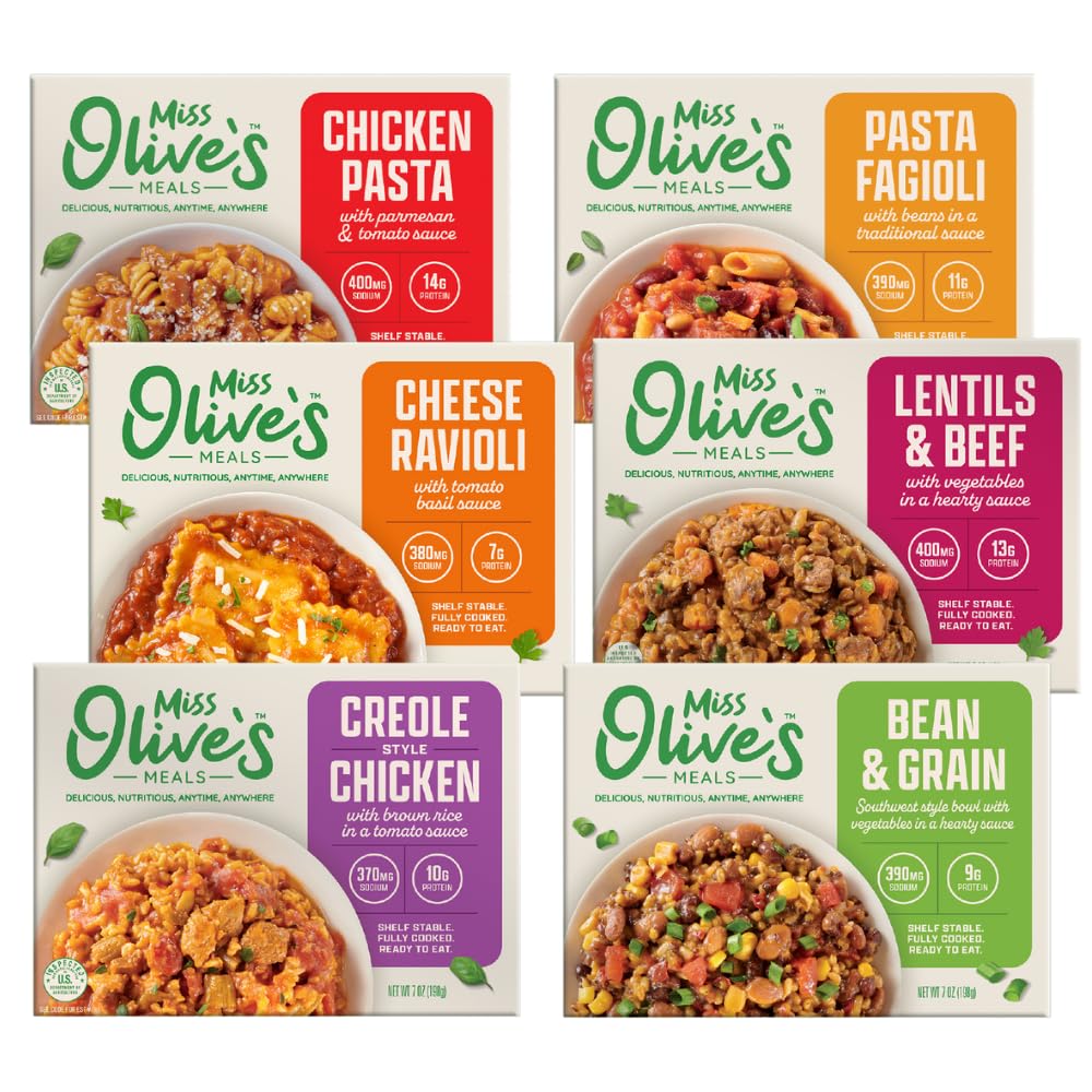 Miss Olive's paquete frontal mostrando las seis comidas listas para calentar y ahorrar tiempo