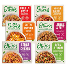 Miss Olive's paquete frontal mostrando las seis comidas listas para calentar y ahorrar tiempo