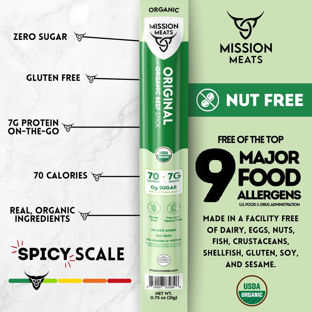 Mission Meats mano sosteniendo bastón como snack rápido y práctico