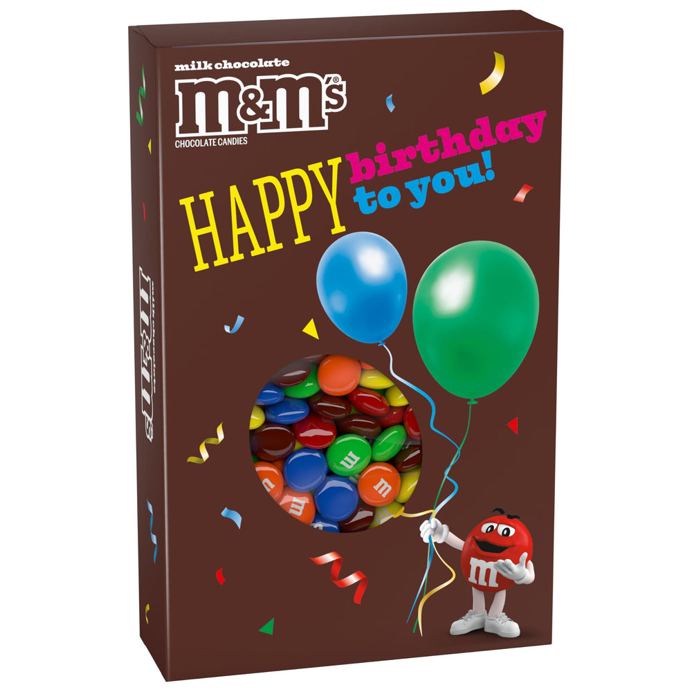 Mars M&M'S caja frontal con diseño festivo mostrando globos y confeti, ideal para regalar