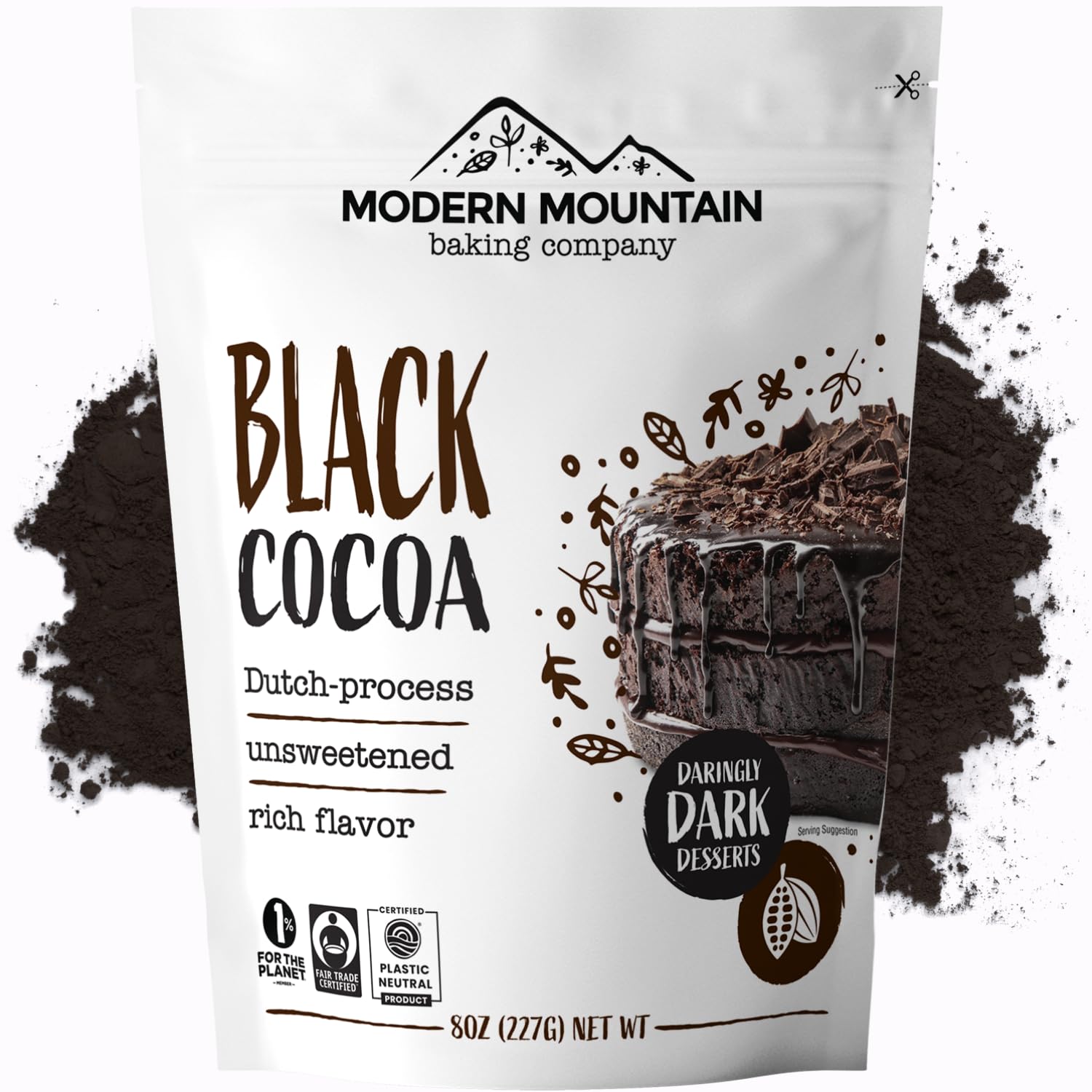 MODERN MOUNTAIN empaque frontal mostrando cacao negro 8 oz y beneficio visual