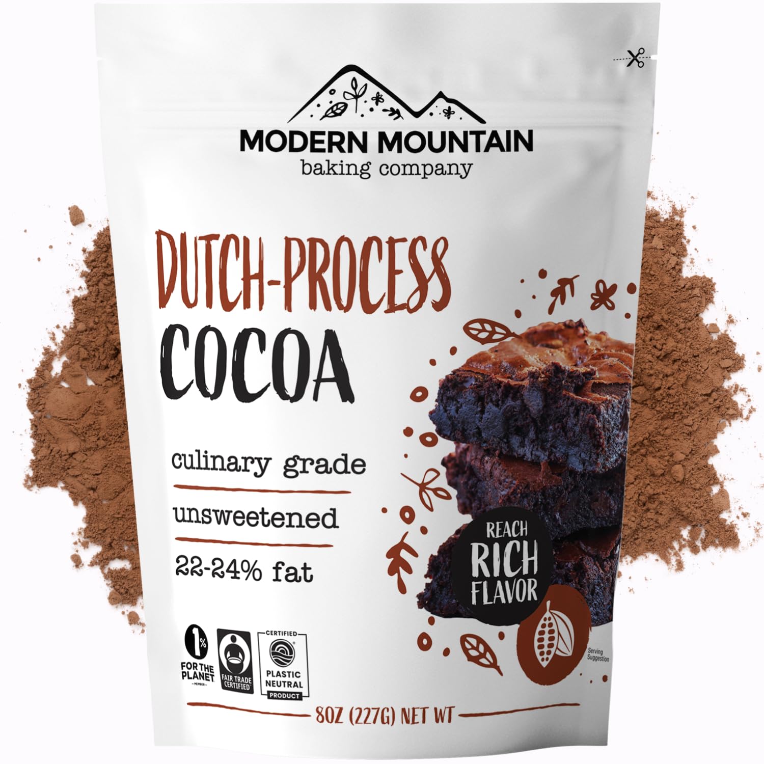 MODERN MOUNTAIN empaque frontal del cacao en polvo mostrando tamaño y marca