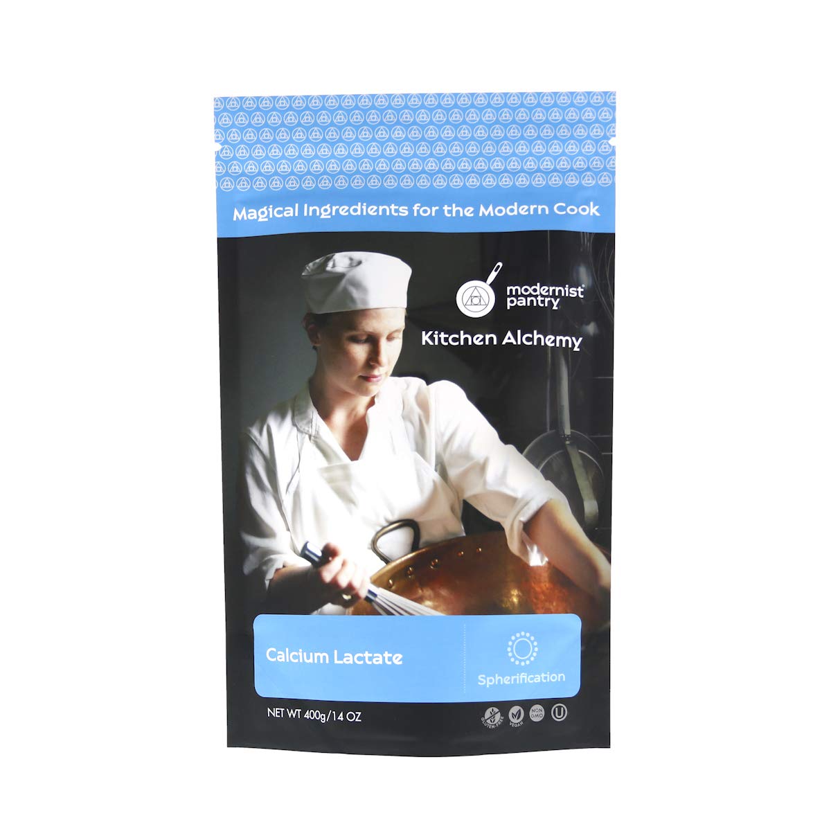 Modernist Pantry frente del envase mostrando 400 g y certificaciones