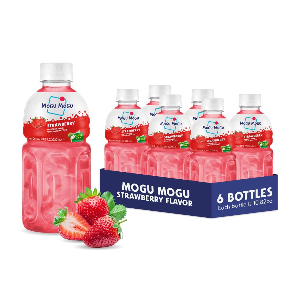 Mogu Mogu botella frontal mostrando etiqueta fresa, garantiza frescura instantánea
