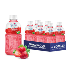 Mogu Mogu botella frontal mostrando etiqueta fresa, garantiza frescura instantánea