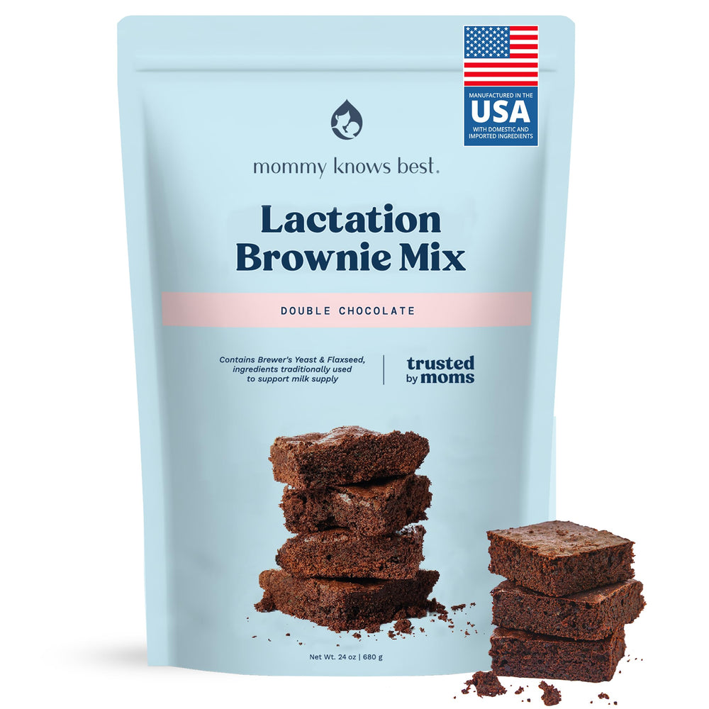 Mommy Knows Best envase frontal mostrando mezcla para brownies y beneficios
