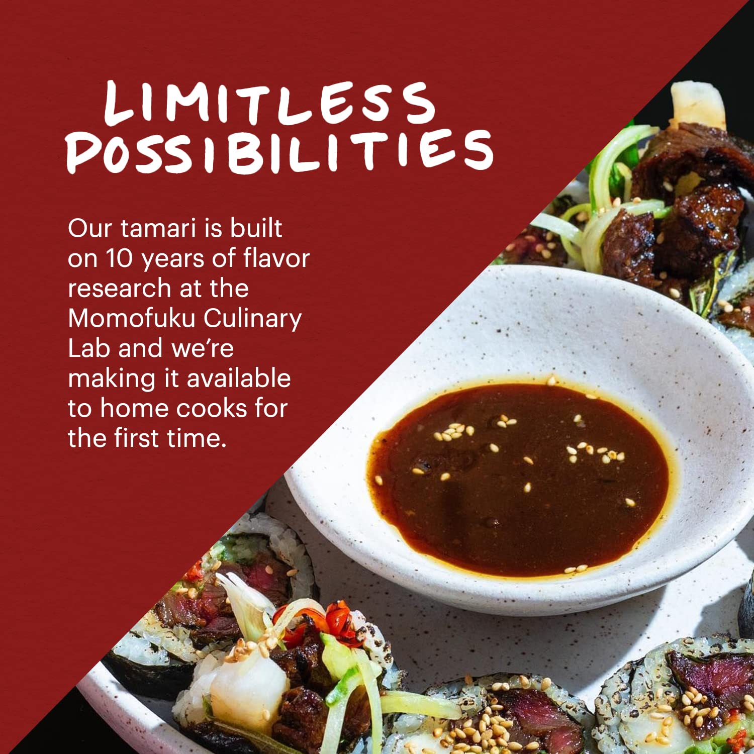Momofuku tamari etiqueta con menciones de chefs y calidad orgánica