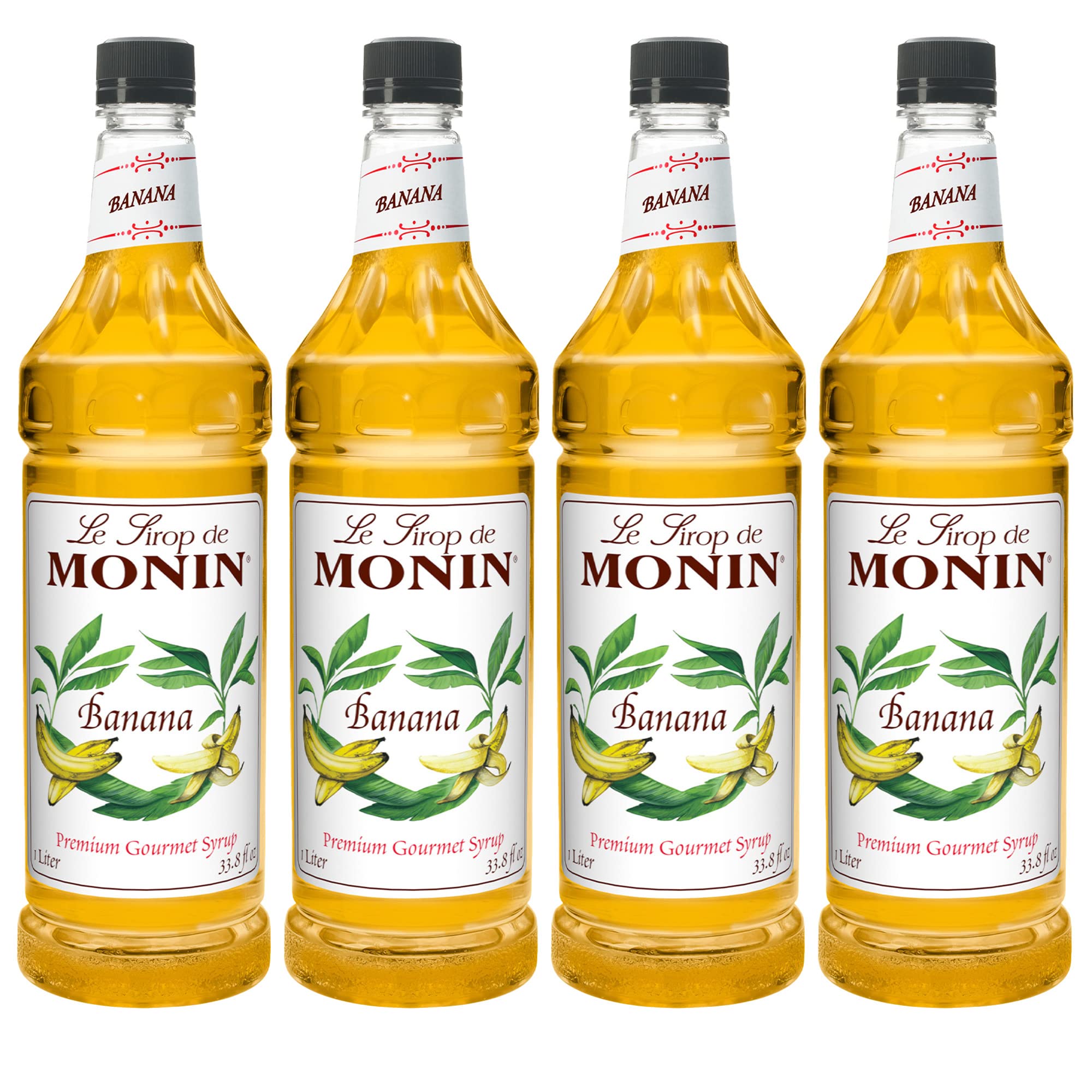 Monin Banana frente del envase mostrando etiqueta y volumen útil