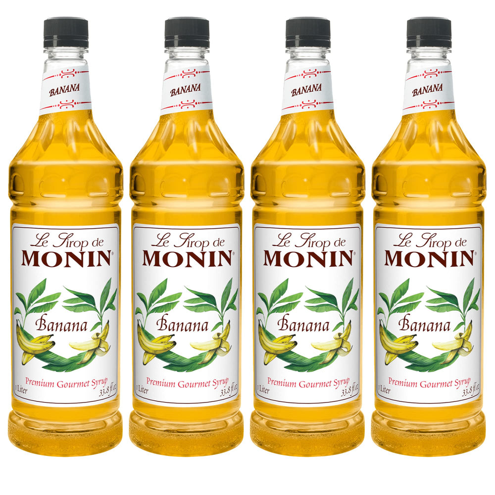 Monin Banana frente del envase mostrando etiqueta y volumen útil