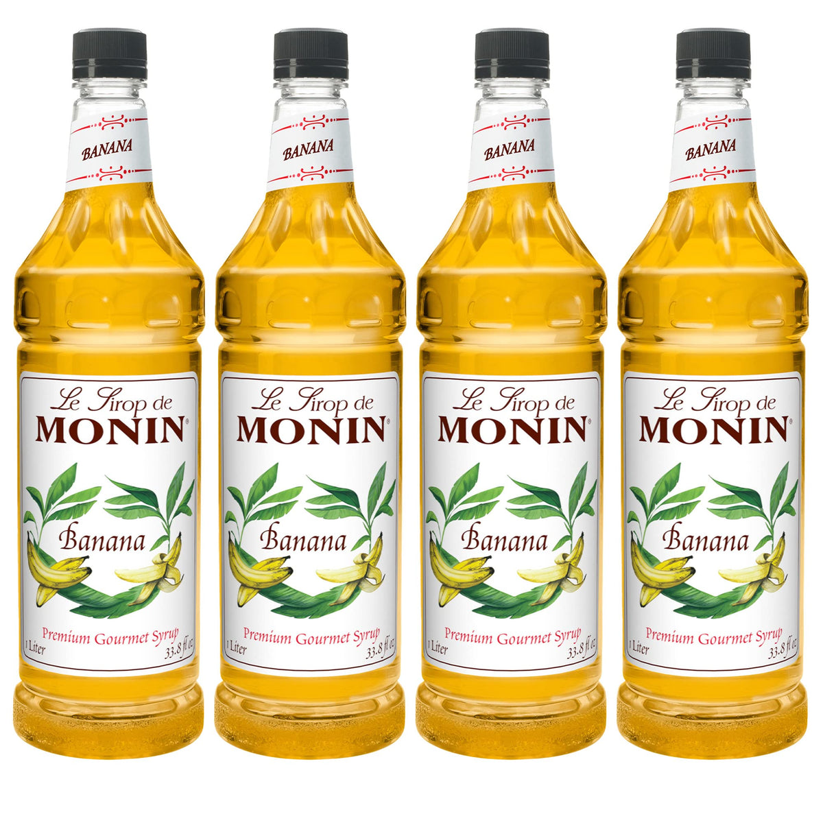 Monin Banana frente del envase mostrando etiqueta y volumen útil