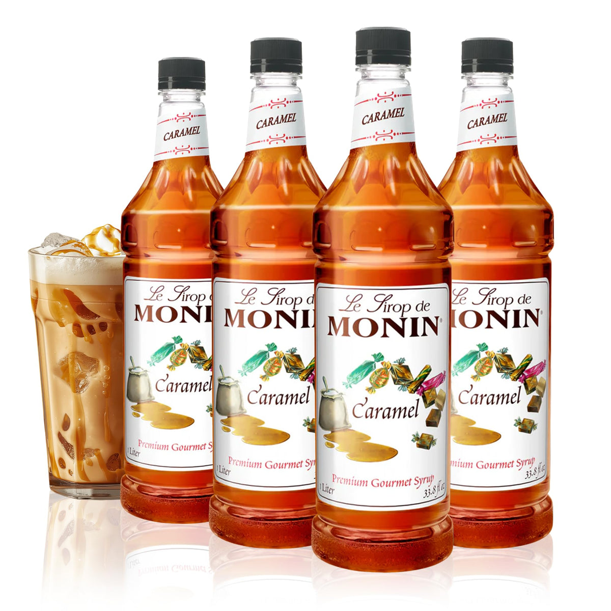 Monin botella pack de cuatro frontal mostrando tamaño y ahorro