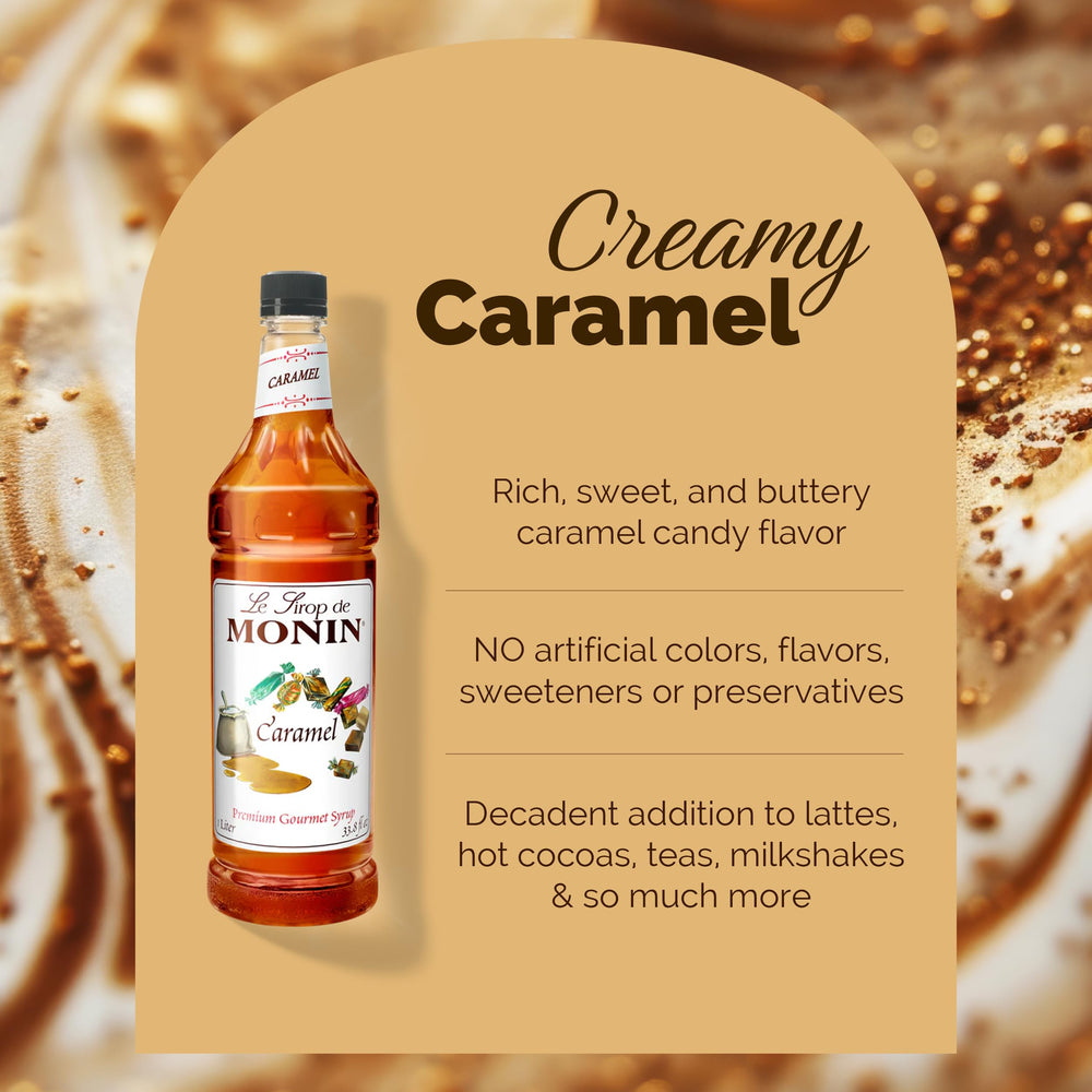 Monin sirope caramelo en cuchara mostrando textura suave y brillo
