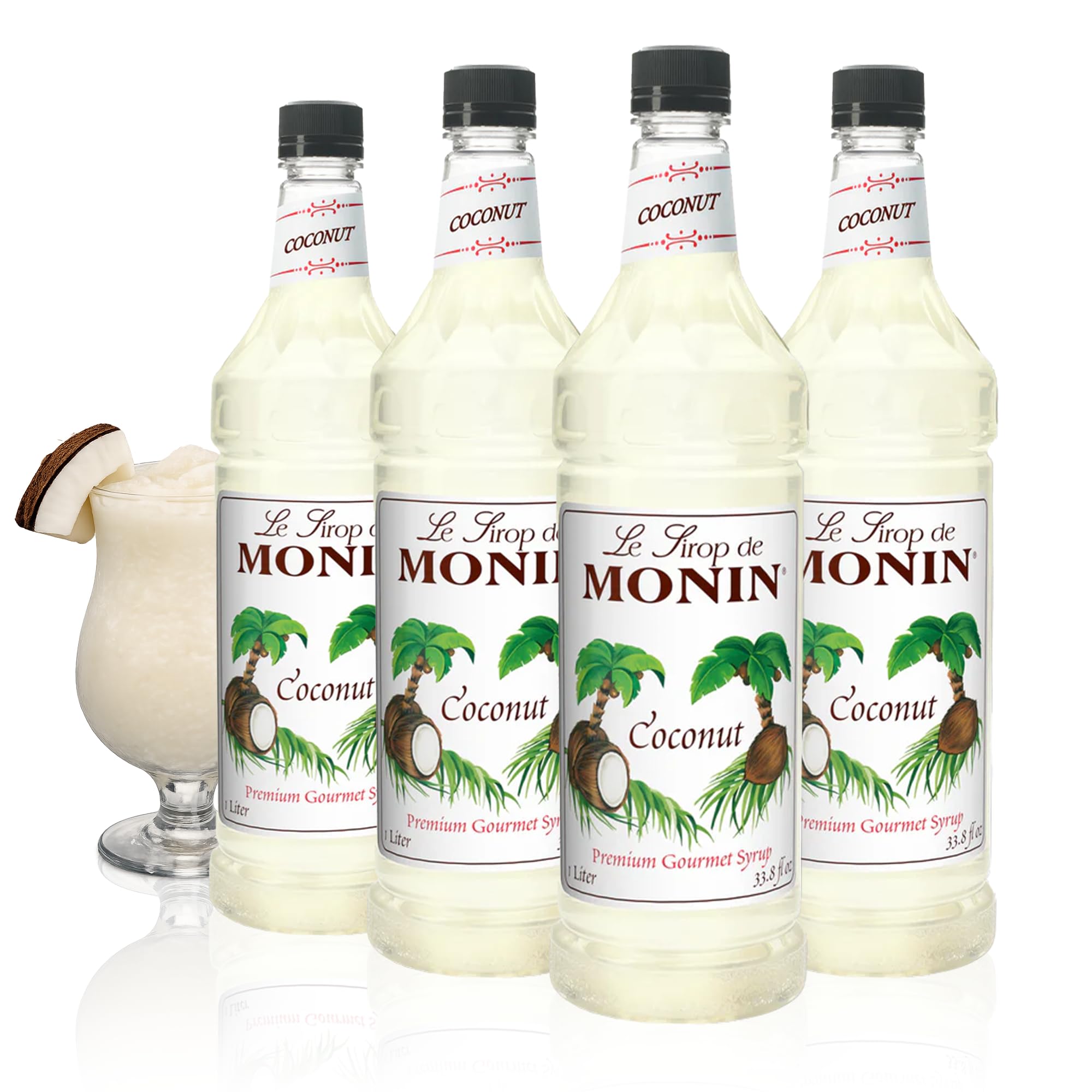 Monin envase frontal de jarabe de coco mostrando etiqueta y tamaño