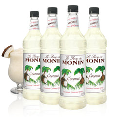 Monin envase frontal de jarabe de coco mostrando etiqueta y tamaño