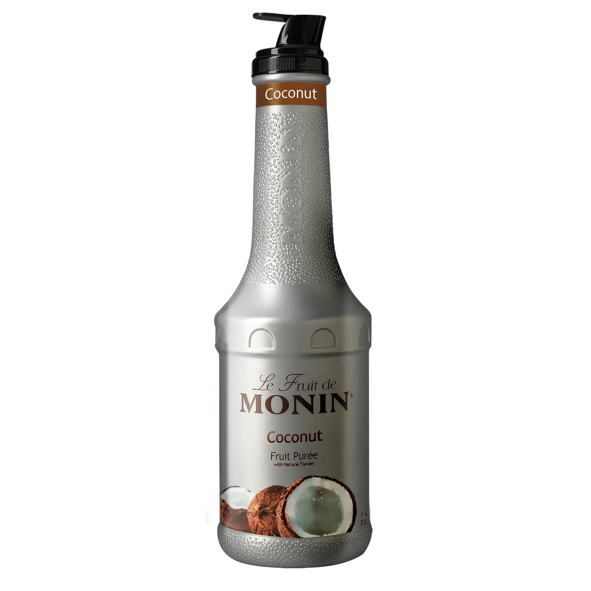 Monin Coconut Puree botella frontal mostrando etiqueta y uso profesional