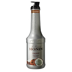 Monin Coconut Puree botella frontal mostrando etiqueta y uso profesional