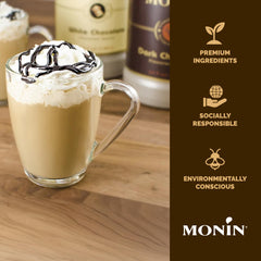 Monin botella en mano para comparar tamaño y práctico uso diario