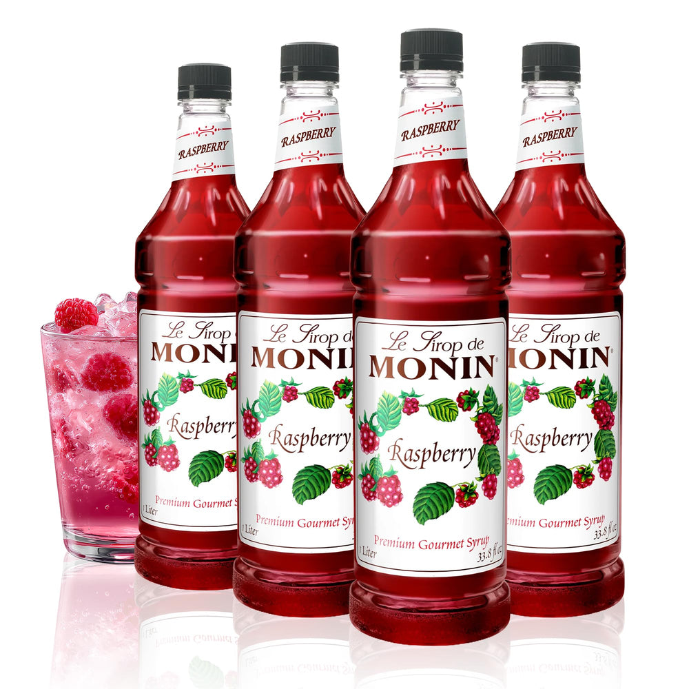 Monin botella de frambuesa al frente, color intenso y aroma realzado