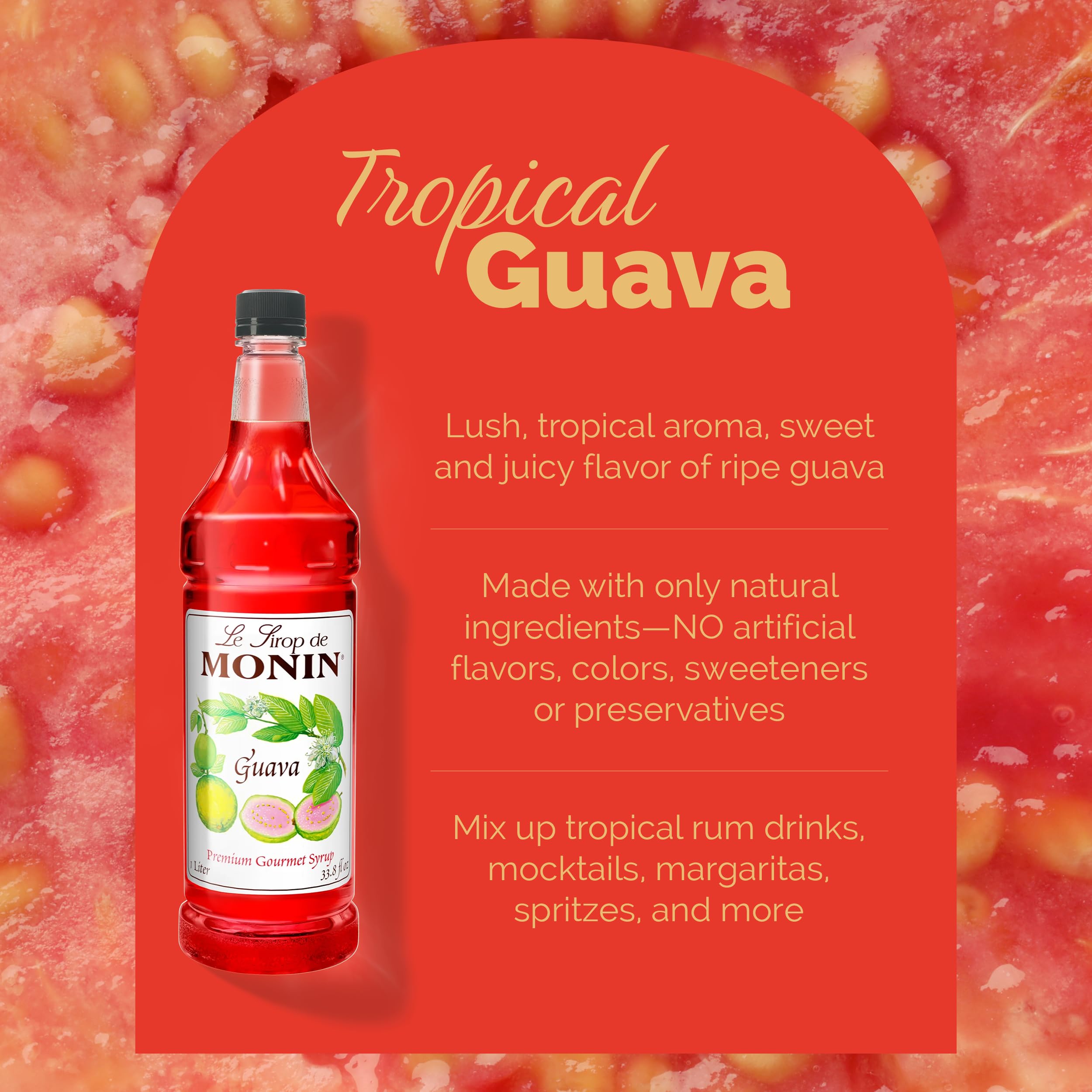Monin guava botella 1 litro junto a vasos para comparar tamaño y uso