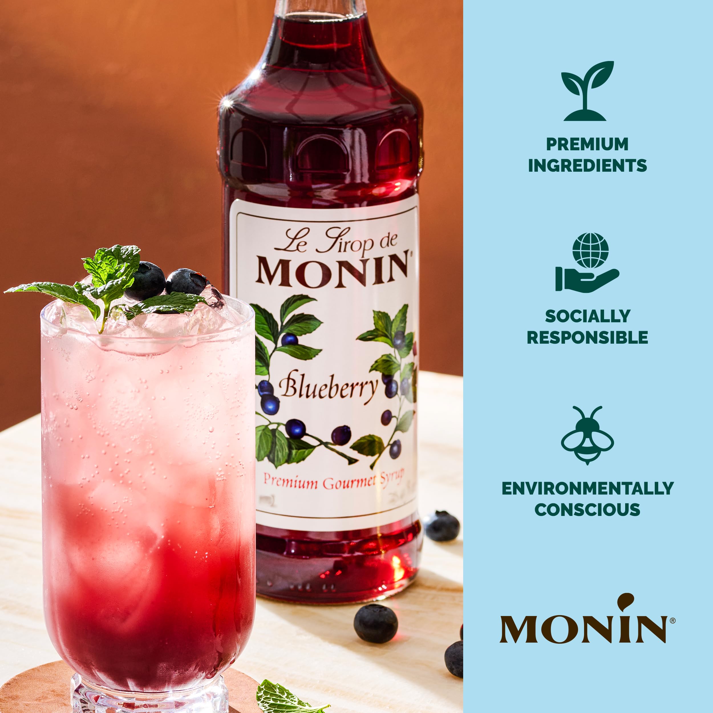 Monin jarabe de arándano comparación de tamaño de la botella 1 litro útil para hostelería