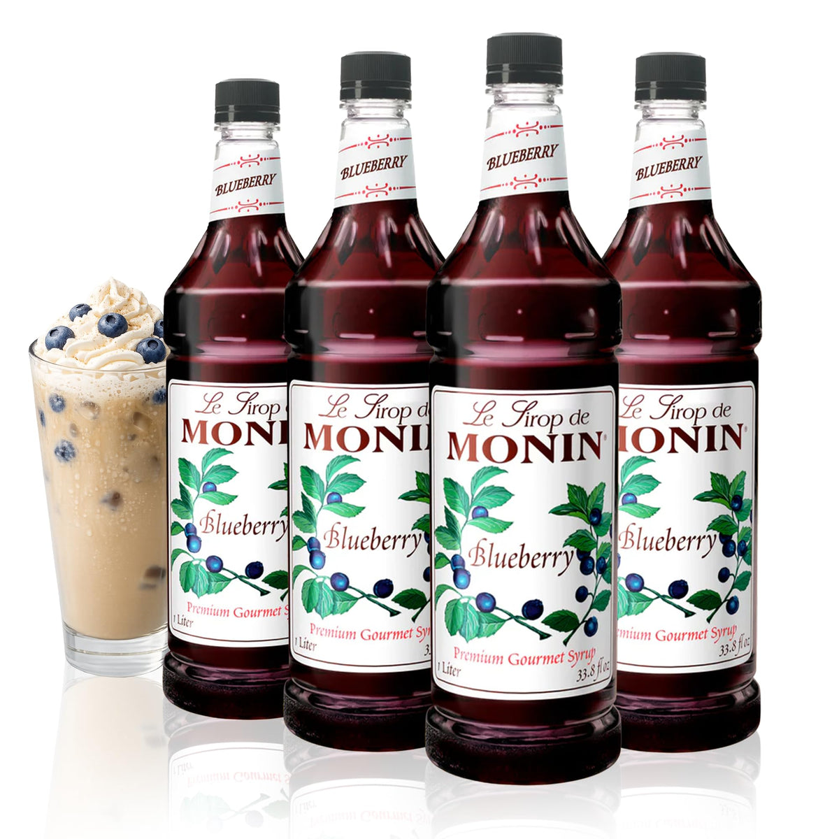 Monin jarabe de arándano vista frontal con botella y color intenso
