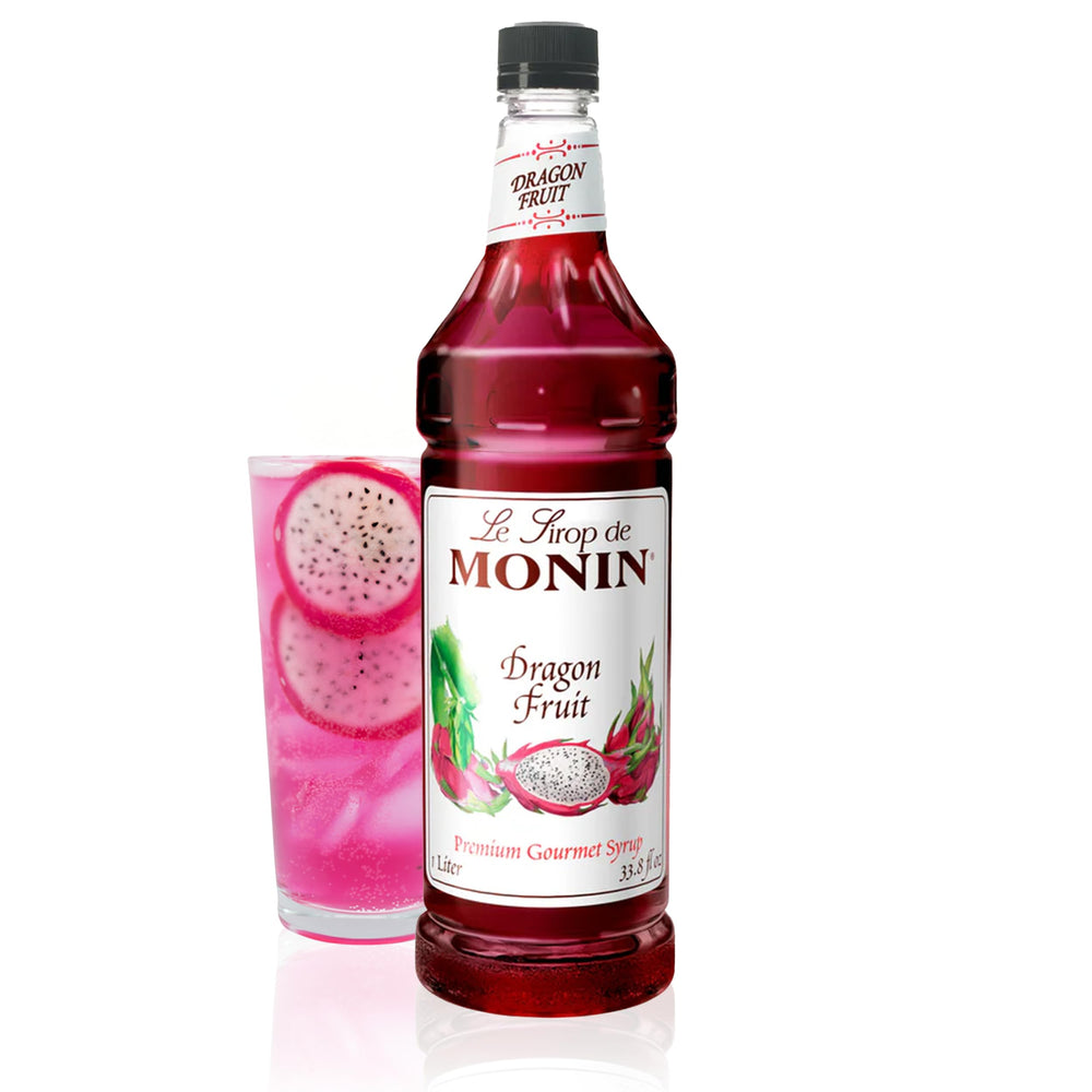 Monin jarabe Dragon Fruit botella frontal mostrando etiqueta y color vibrante