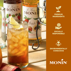 Etiqueta Monin durazno con ingredientes y certificaciones visibles