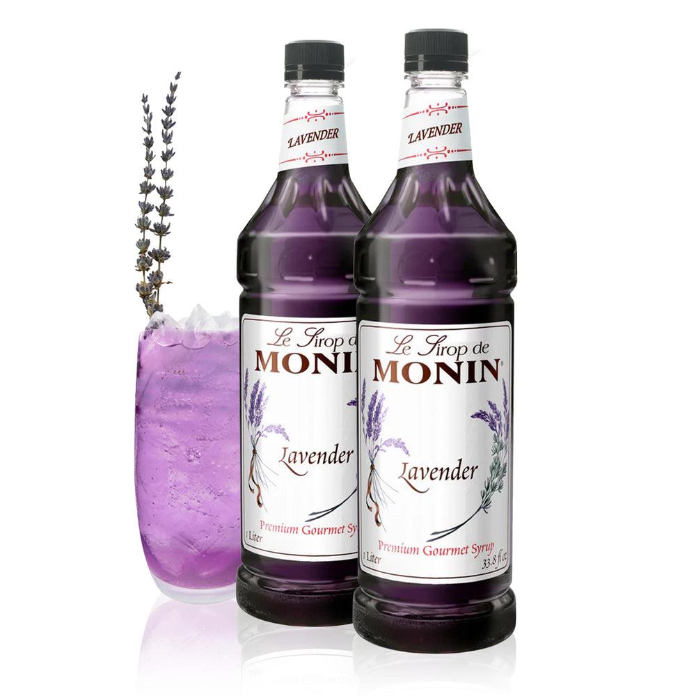 Monin jarabe de lavanda frente mostrando botella y color