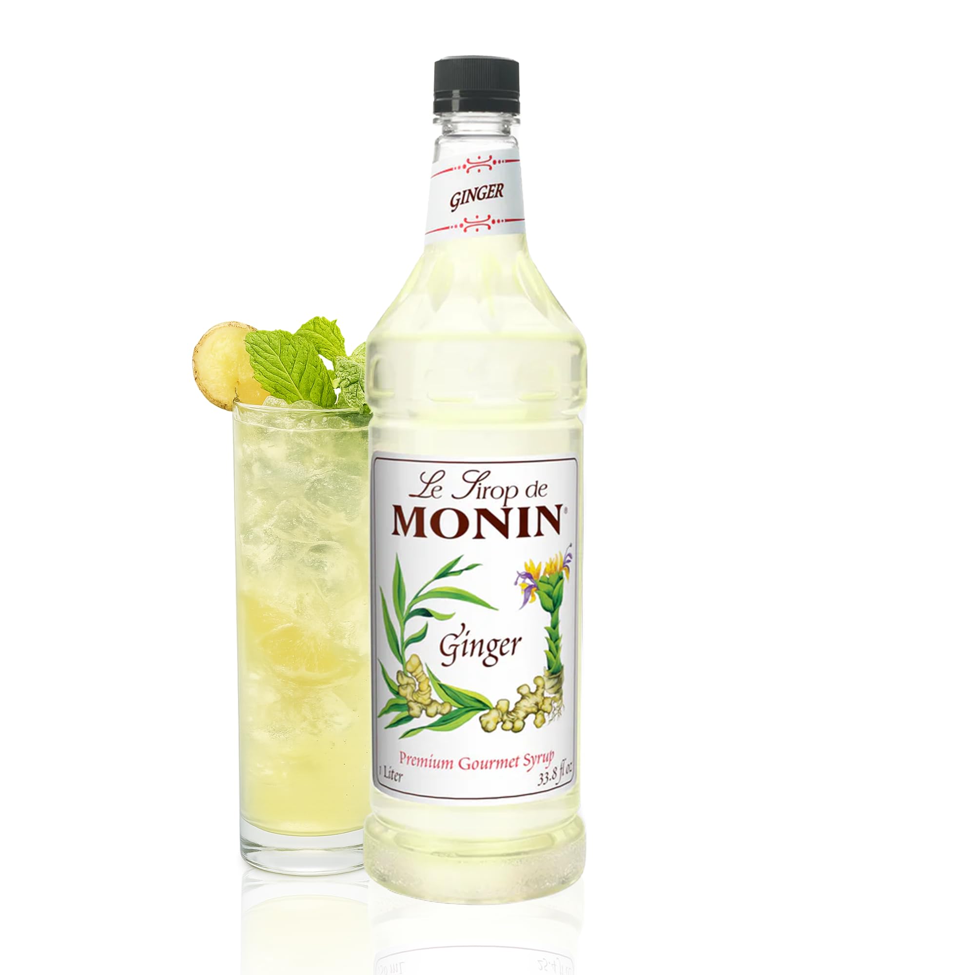 Monin jengibre botella frontal mostrando diseño y capacidad
